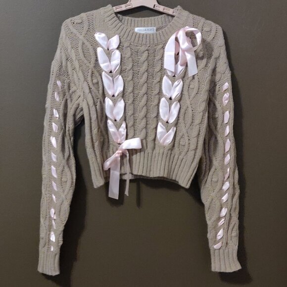 Braided Ribbon Cropped Chunky Cable Knit Sweater Taupe SIZE SMALL - Picture 2 of 7
